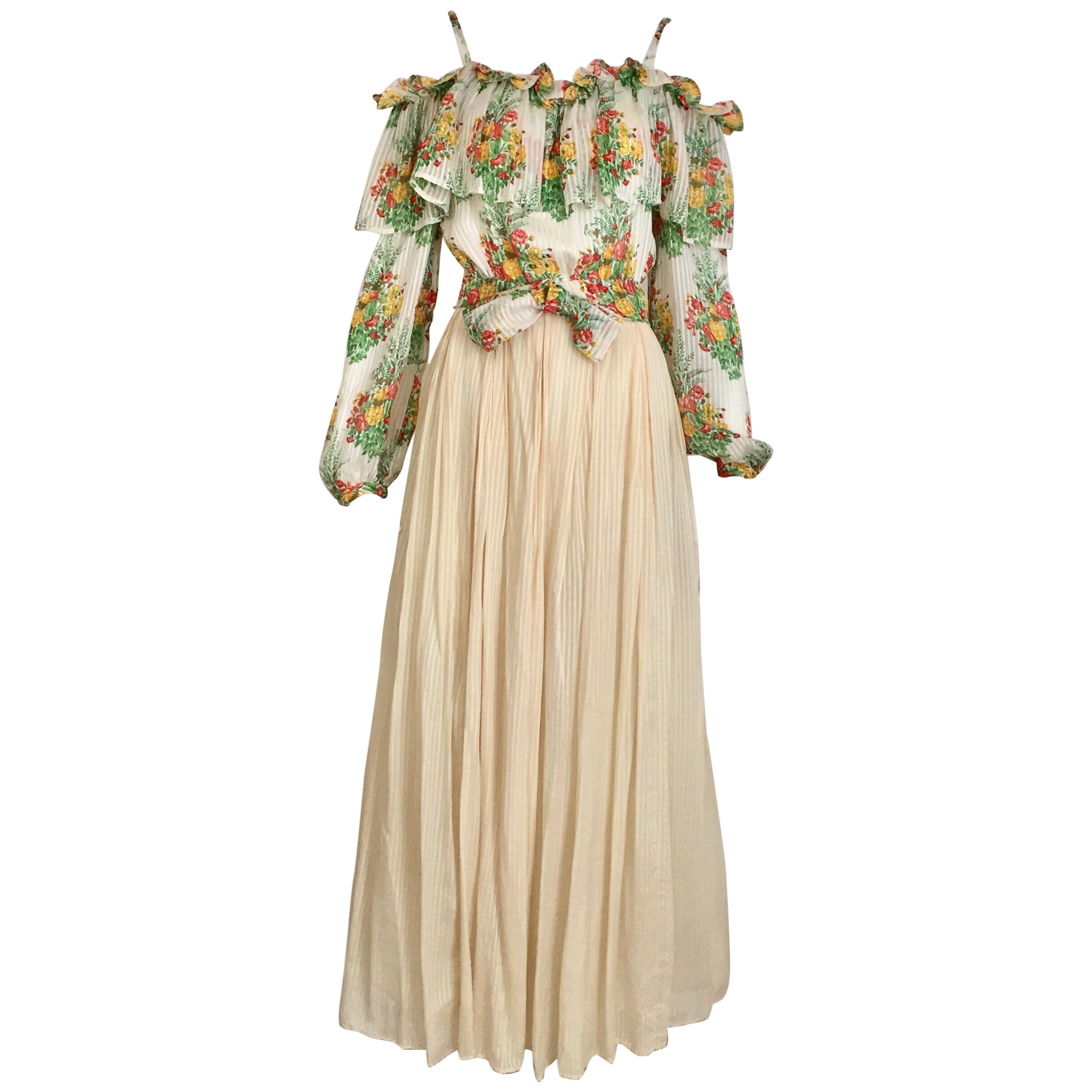 1970s Andre Laug Creme Silk Floral Print Maxi Dress
