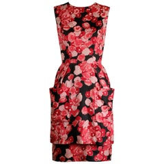 Talmack by John Moore Vintage Red Pink and Black Floral Print Silk Dress, 1960s