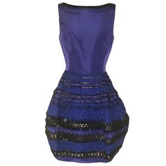 Oscar de la Renta Beaded Blue Silk Bubble Skirt Dress