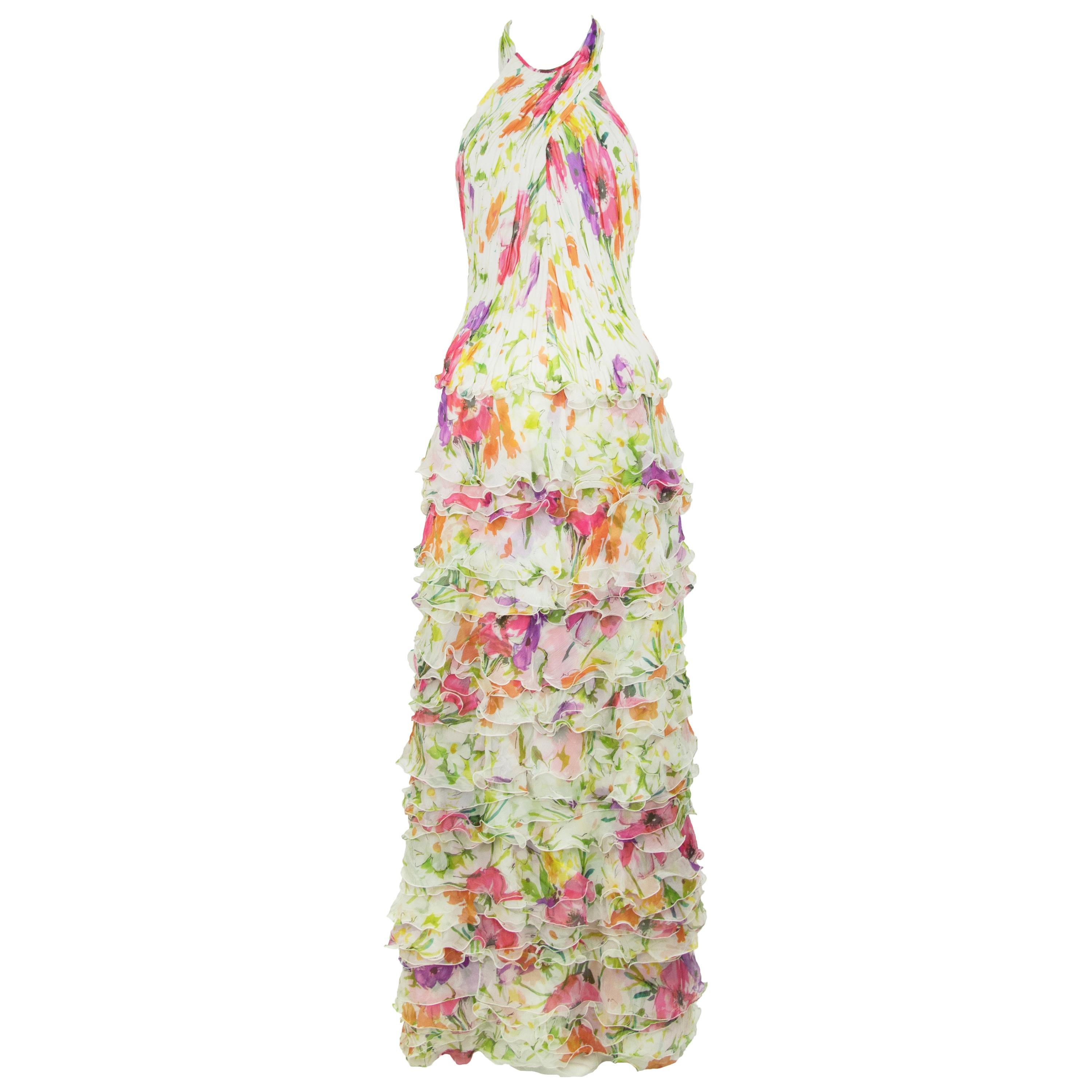 Ralph Lauren Collection White Floral Chiffon Gown - Size US 2 For Sale