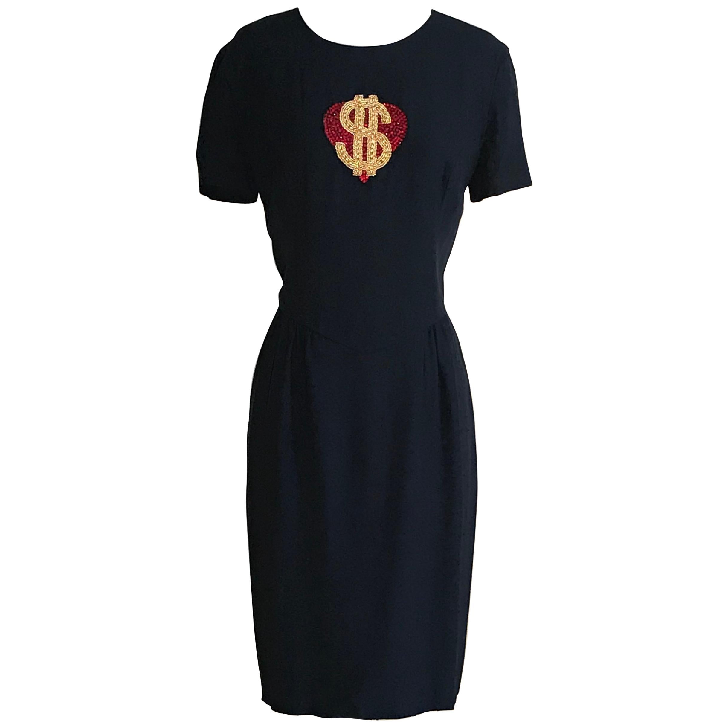 Moschino Couture 1990s Vintage Heart and Dollar Sign Dress Navy Blue