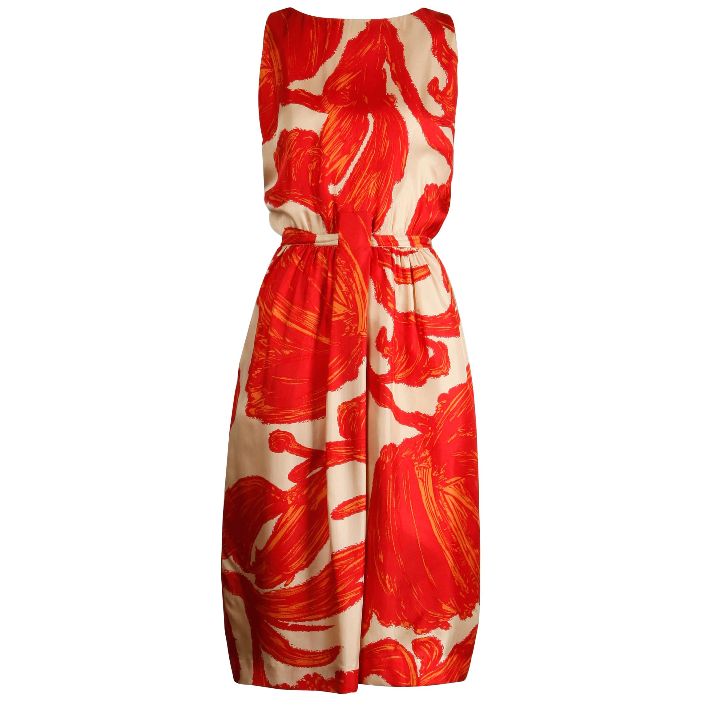 1963 B.H. Wragge Vintage Red Orange Beige Silk Midcentury Print Sheath Dress