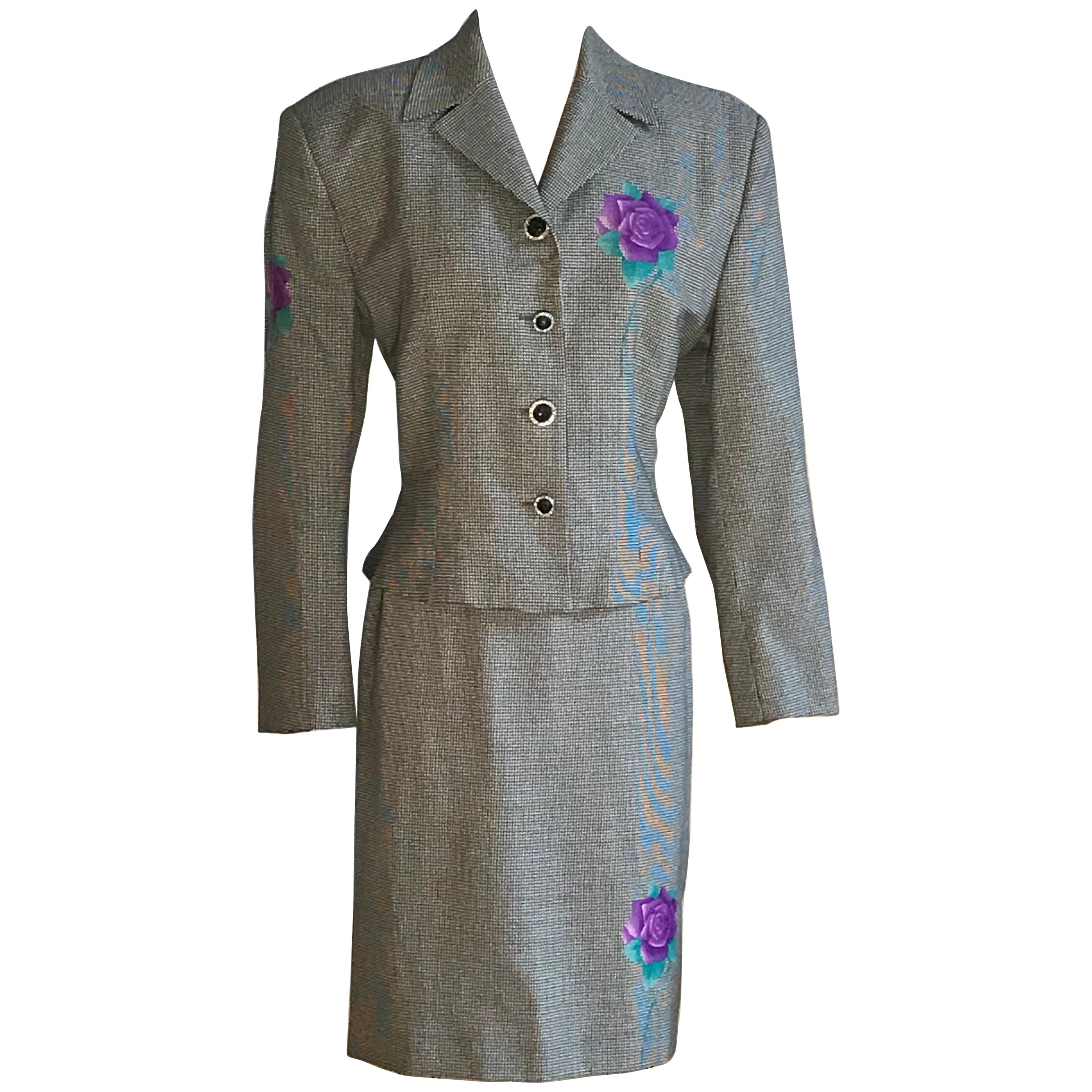 Gianni Versace 1990s Purple Flower Black White Houndstooth Skirt Suit