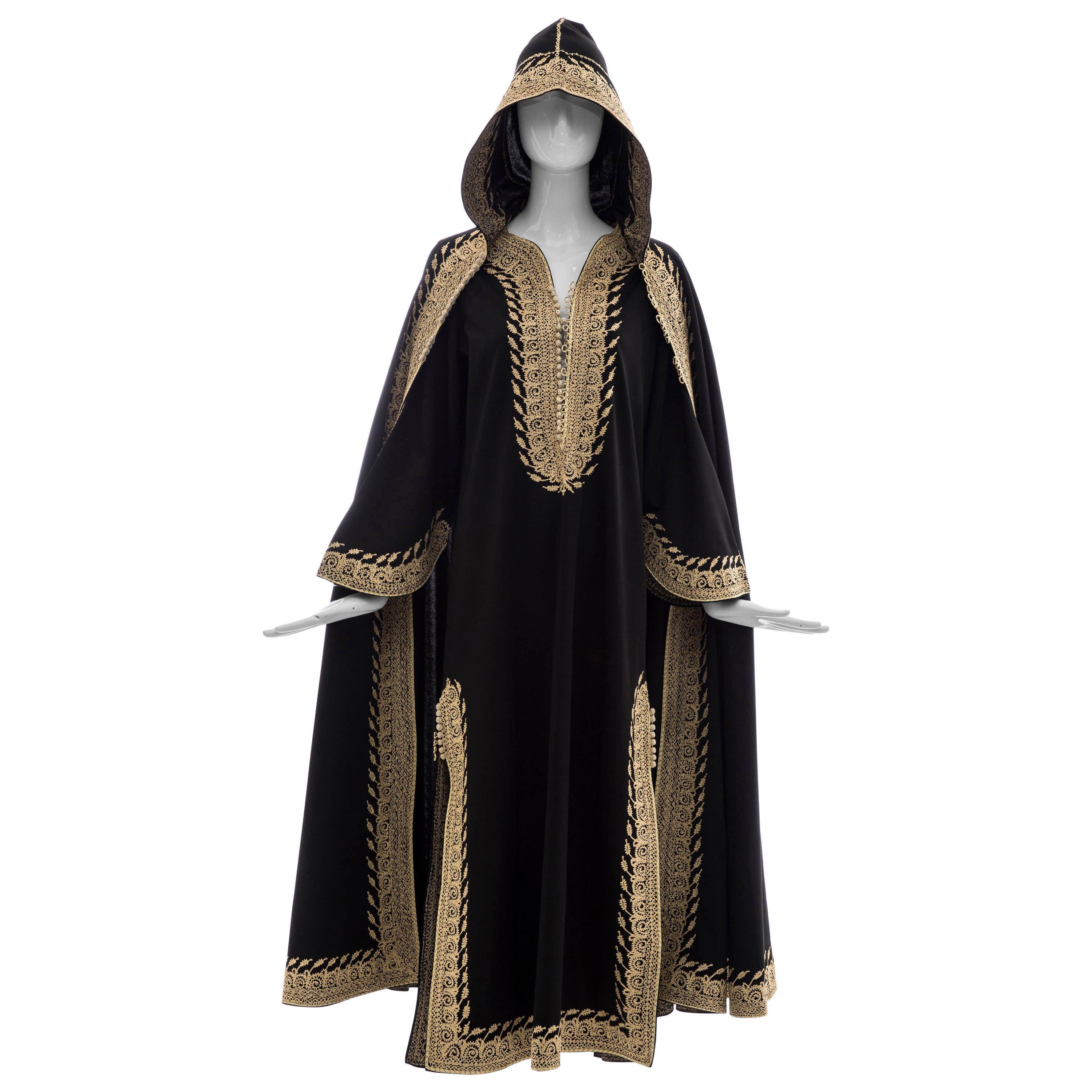 Moroccan Black Kaftan With Gold Embroidery Separate Hooded Cape, Circa 1970's