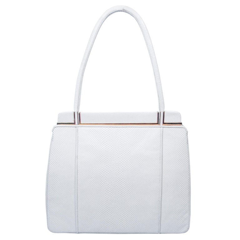 Judith Leiber White Lizard Top Handle Goldtone Hardware Optional Strap
