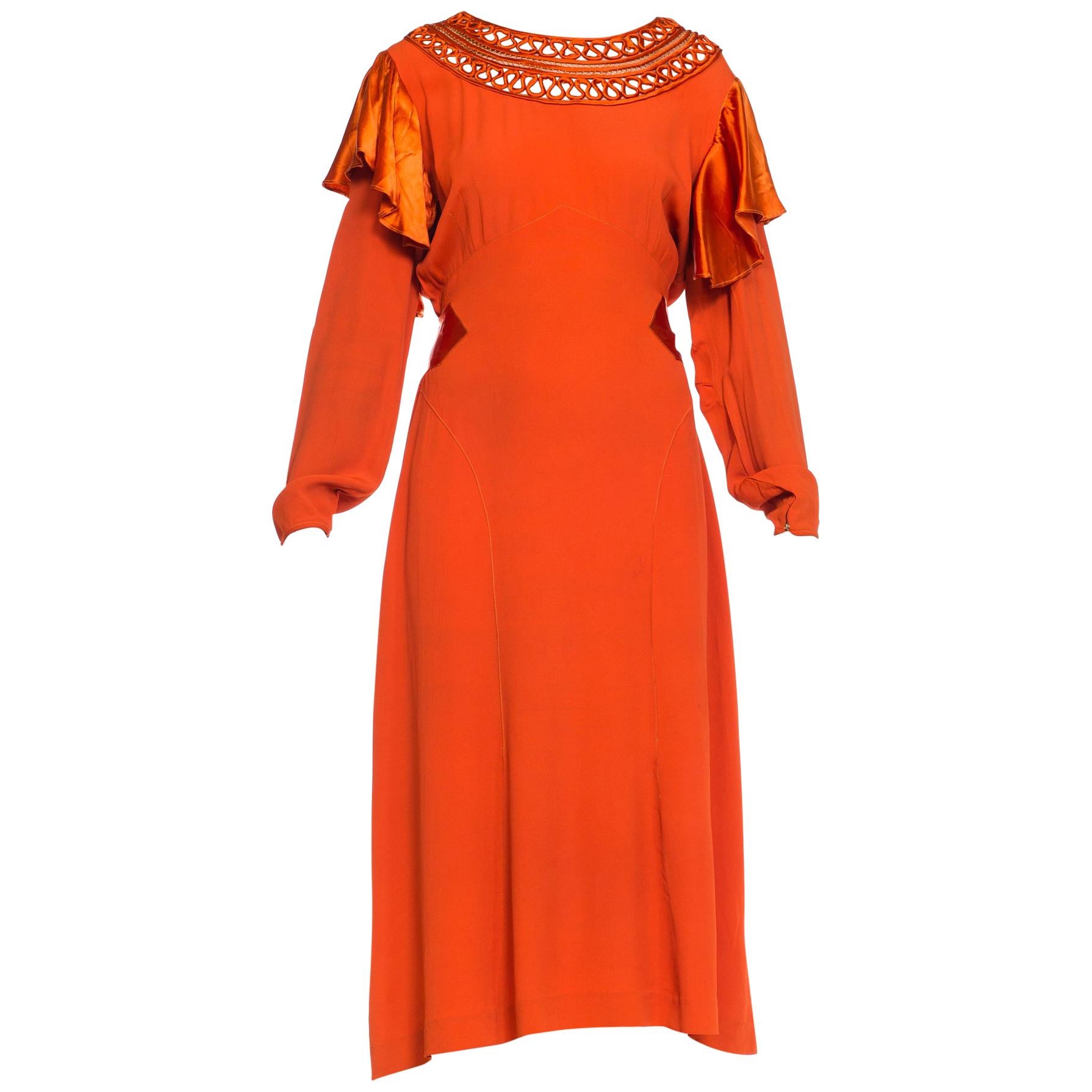1930S Burnt Orange Rayon & Silk Crepe Satin Long Sleeve Dress With Adjustable W