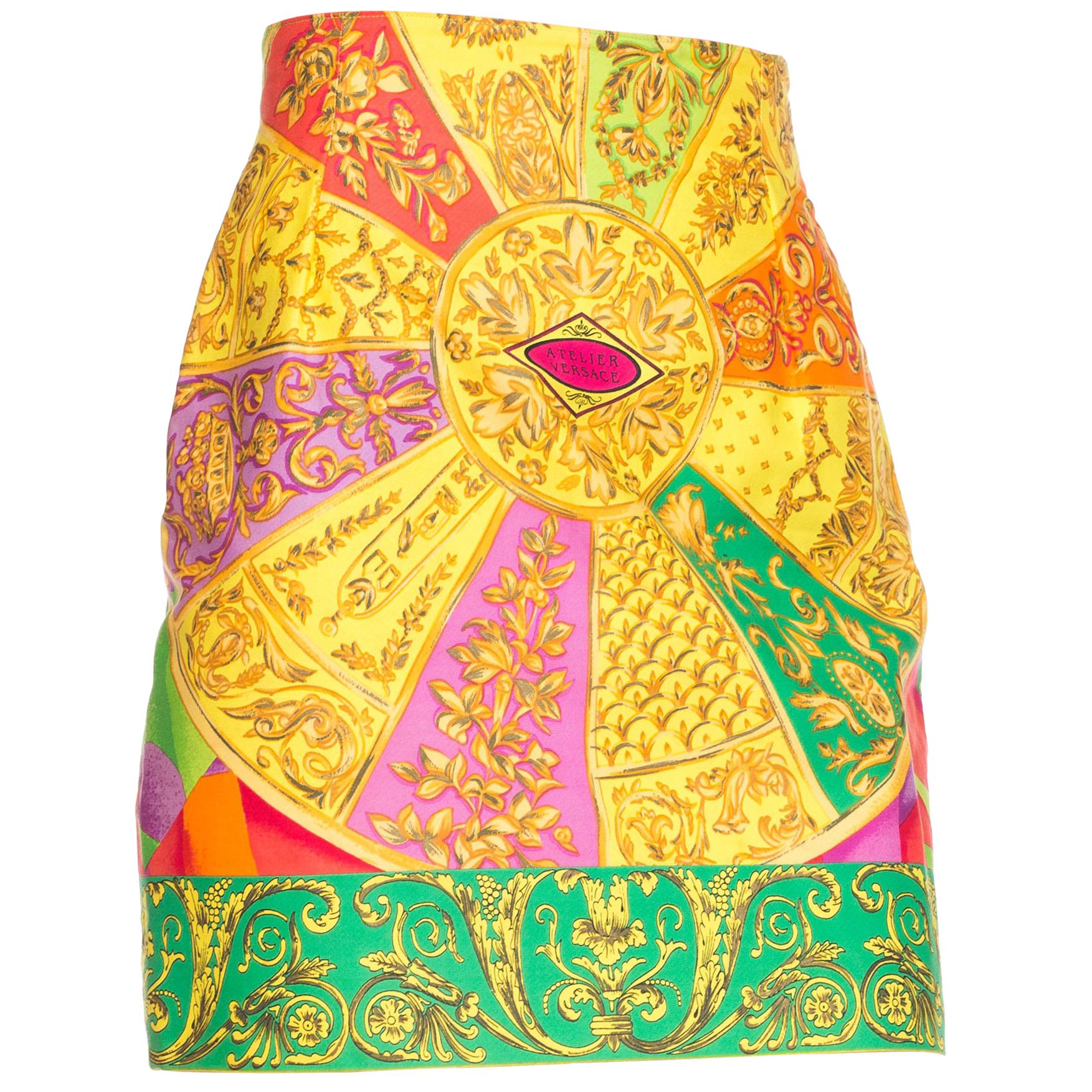 1990S GIANNI VERSACE Bright Multicolor Cotton Baroque Printed High-Waisted Mini