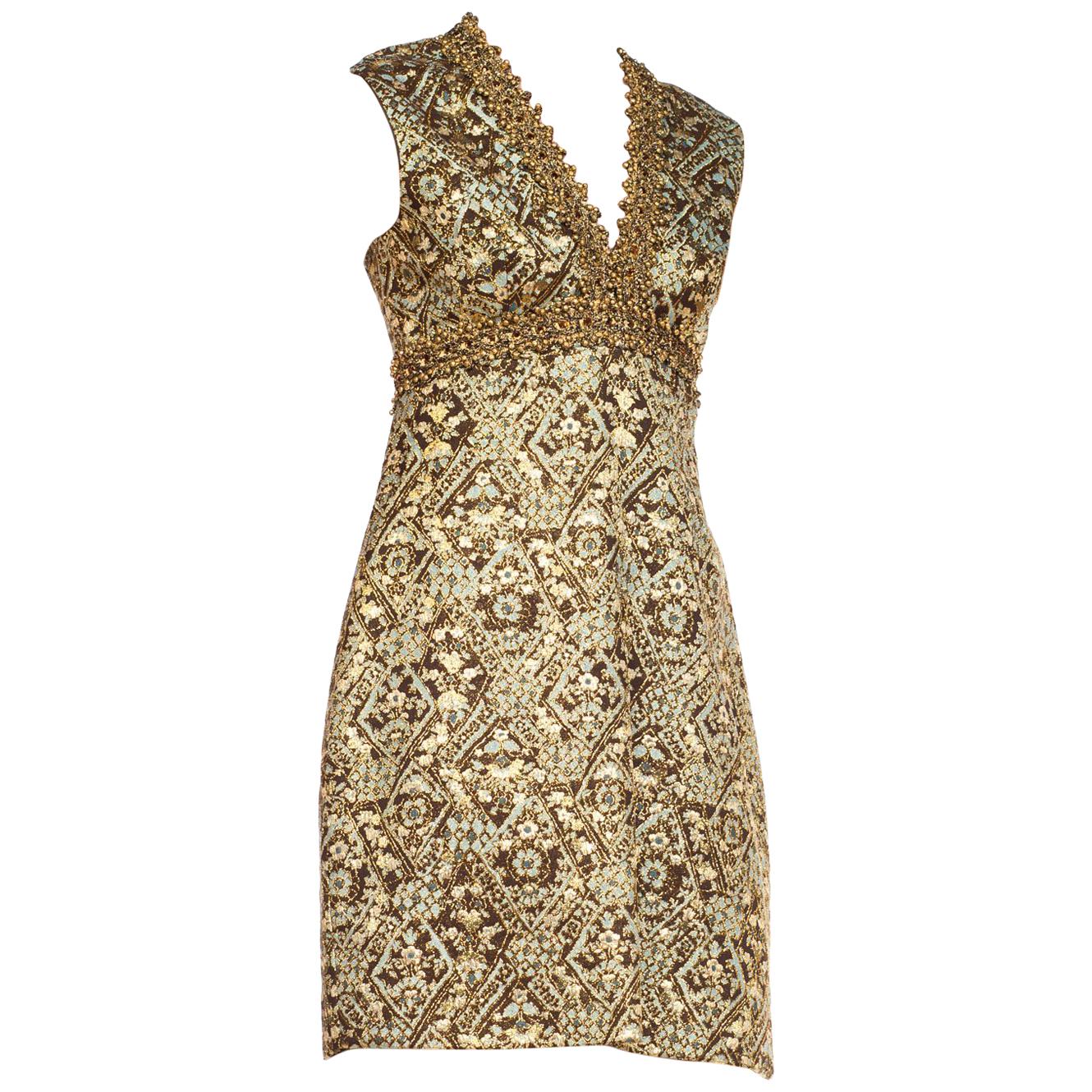 1960s Mod Oscar de La Renta Metallic Floral Cocktail Dress With Gold Braid 