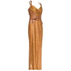 2000S VERSACE Caramel Brown Silk Lace & Leather 2001 Bondage Strap Gown