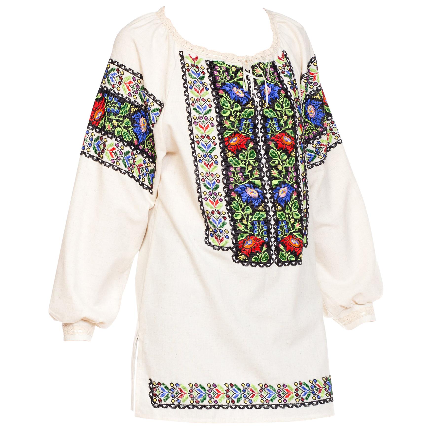 1950S Multicolor Hand Beaded Cotton Romanian Boho Folkloric Top For Sale