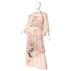 1970S Rayon/Lurex Georgette Flowy Boho Strapless Dress With Matching Cape