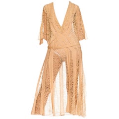 1920S Beige Silk & Lace Dress With Art Deco Appliqué Design Slip, XL