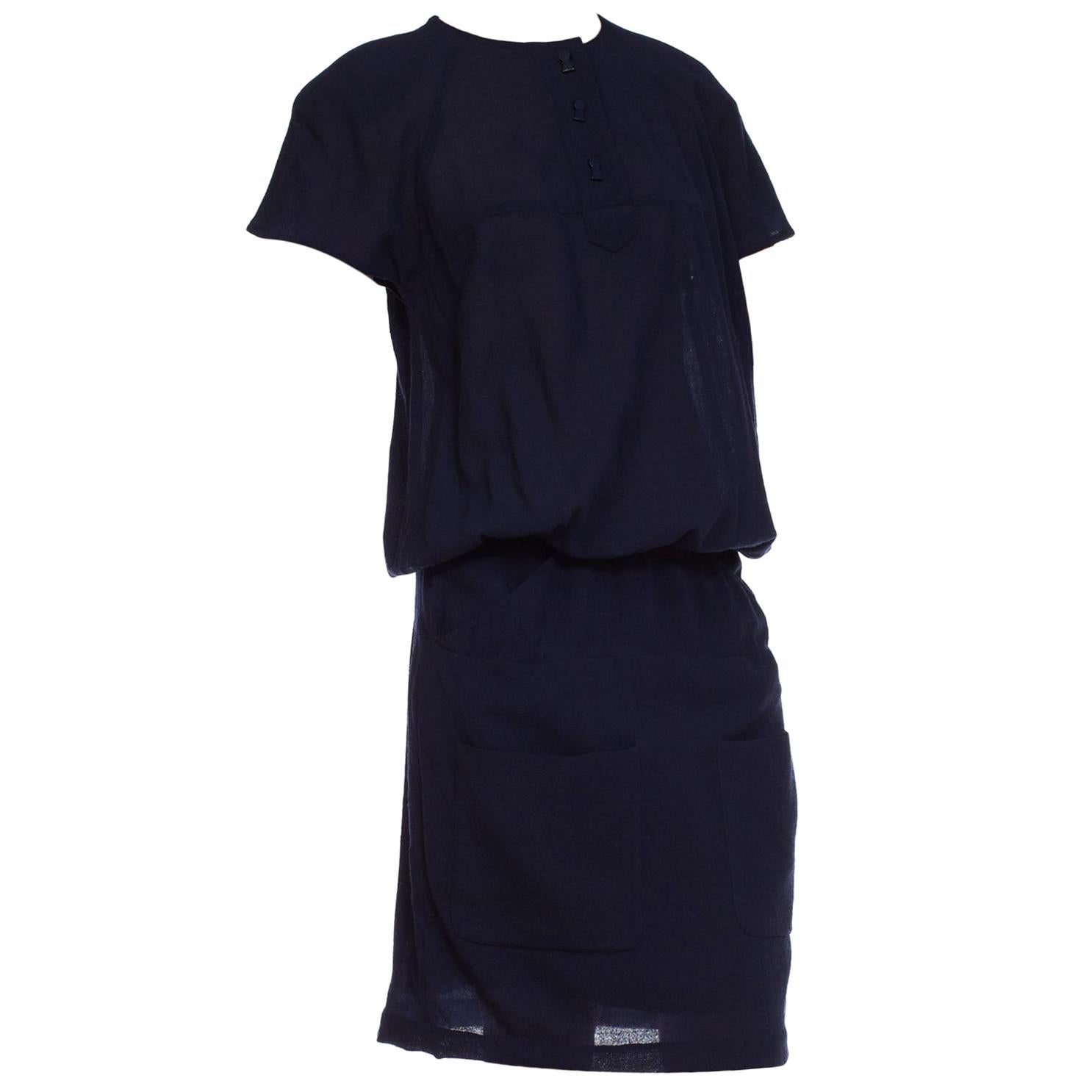 1980s Karl Lagerfeld Navy Blue Crepe Dress With Key Hole Buttons