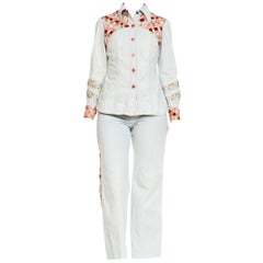 1970s Cavalli Style Denim Suit With Floral Ribbon 