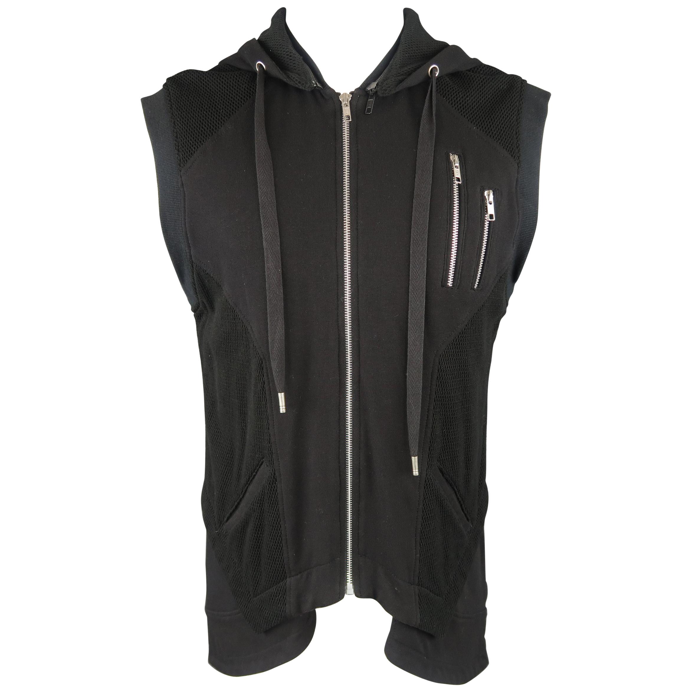 SKINGRAFT S Black Jersey & Mesh Cotton Zip Hooded Vest