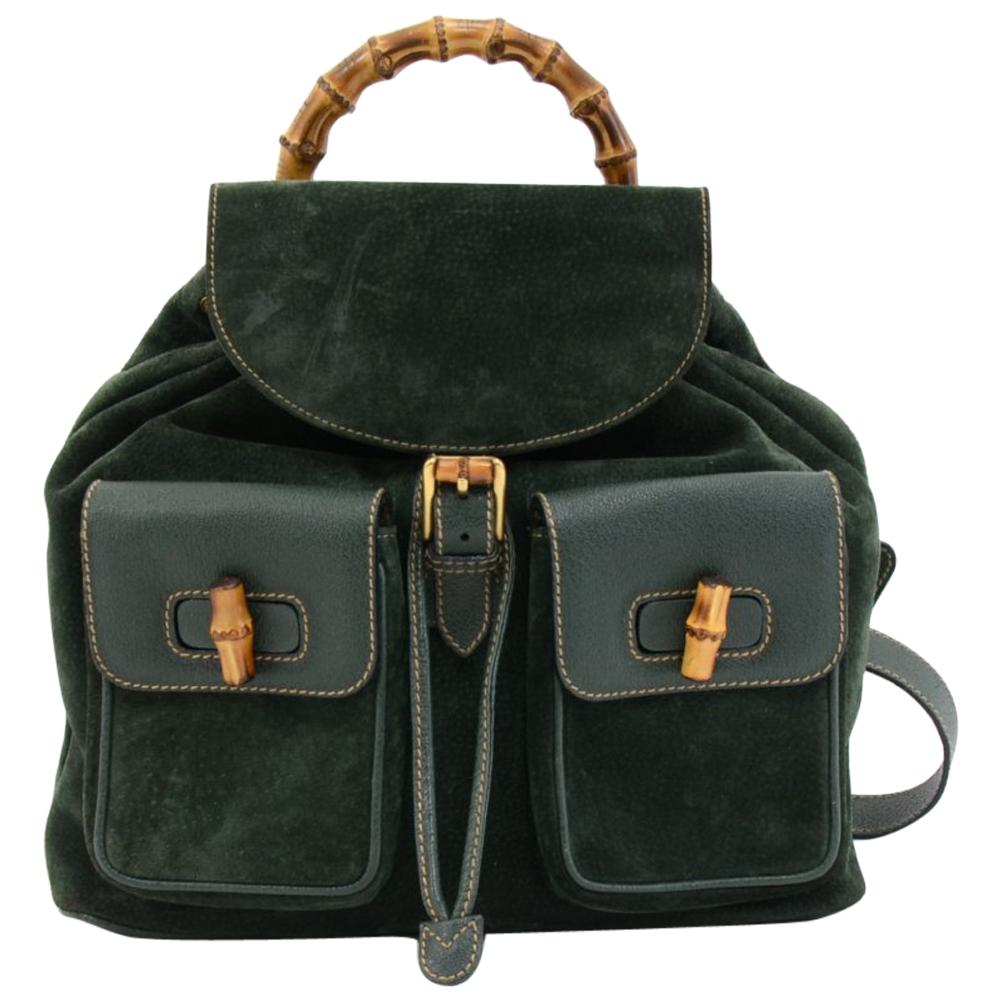 Vintage Gucci Green Suede Leather Bamboo Backpack