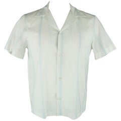JIL SANDER Size L White & Blue Stripe Cotton Short Sleeve Camp Shirt