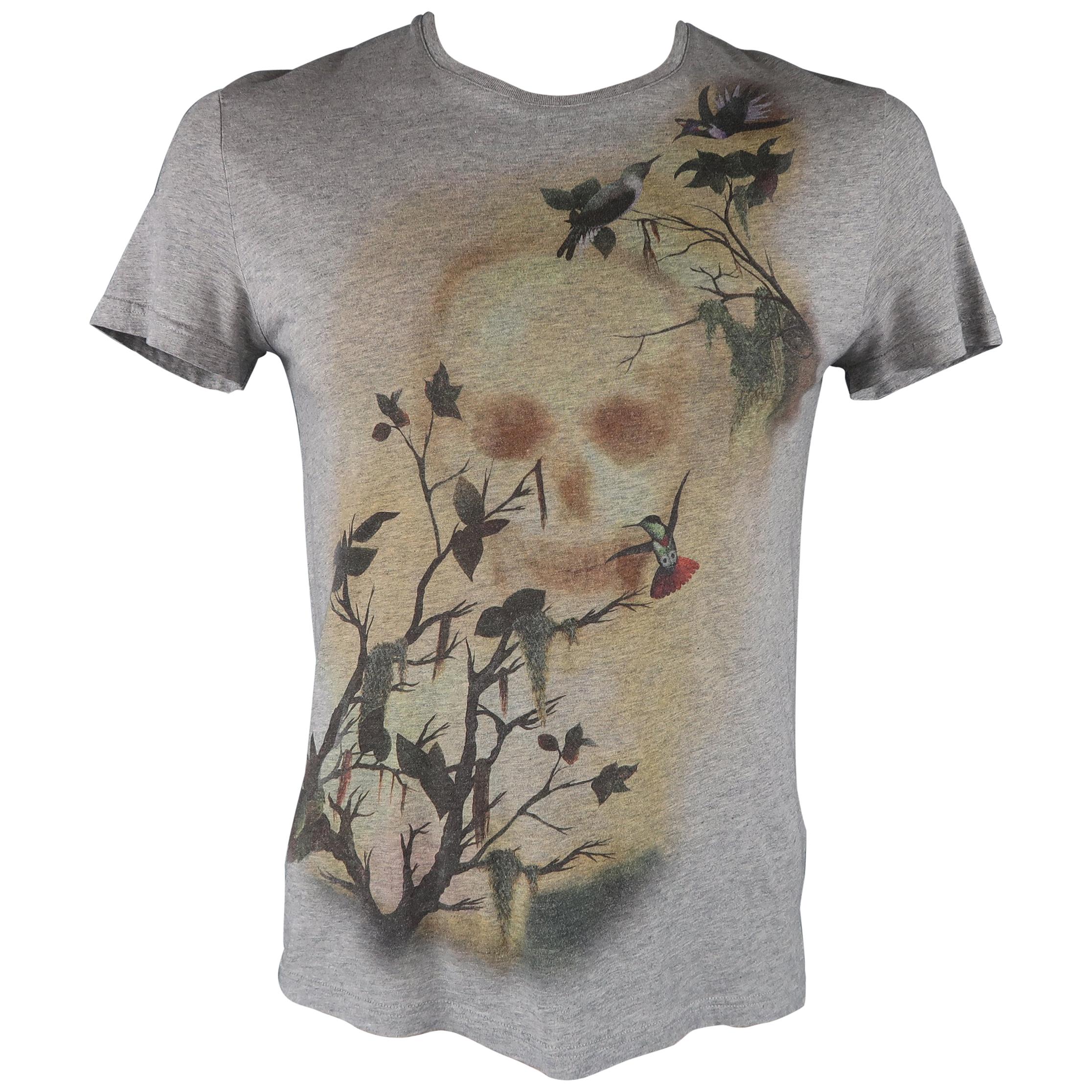 ALEXANDER MCQUEEN Size L Heather Grey Skull & Birds Graphic Cotton T-shirt Tee