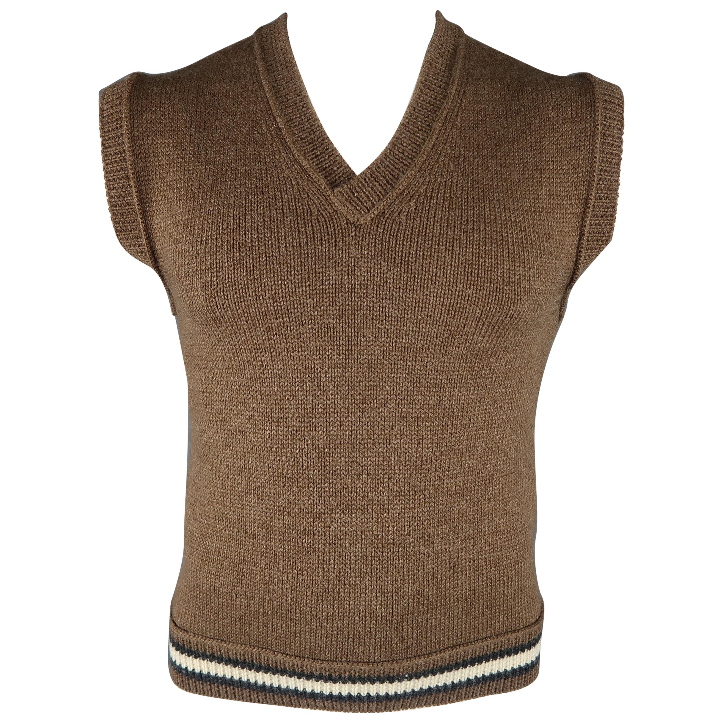 JEAN PAUL GAULTIER Size L Brown Knitted Wool V Neck Striped Waist Sweater Vest