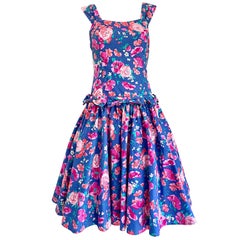 1980s Laura Ashley Blue + Pink Cotton Flower Fit n' Flare Vintage 80s Dress
