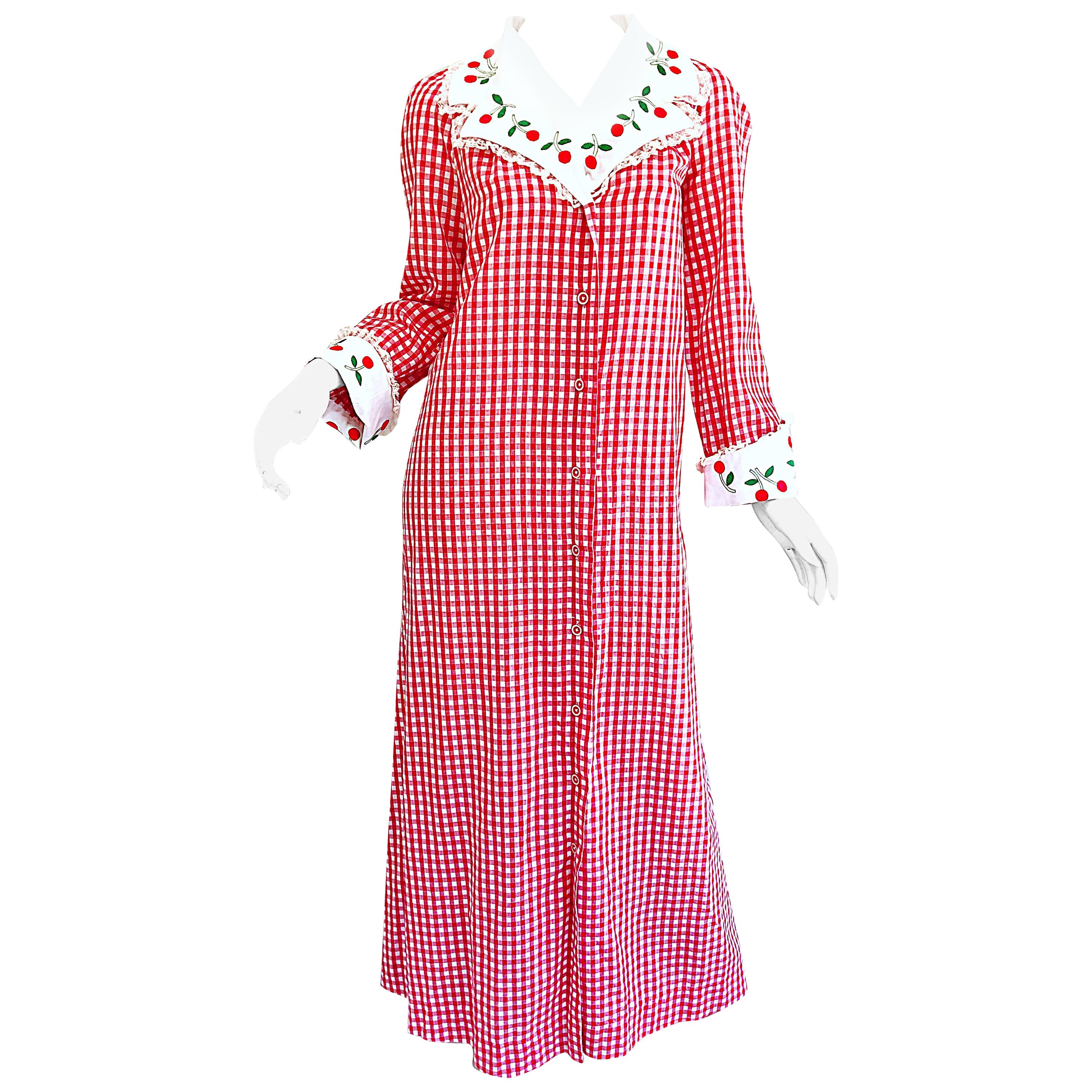 Amazing 1970s Saks 5th Avenue Red + White Cherry Print Gingham 70s Maxi Dress