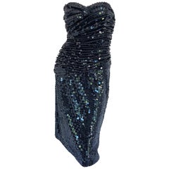 1980s Vicky Tiel Couture Black Vintage  Silk Sequined Strapless Cocktail Dress