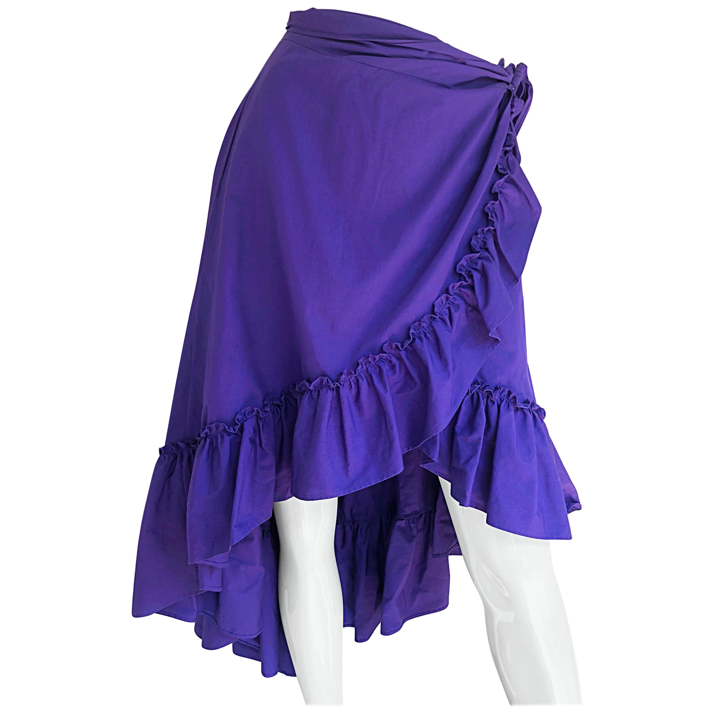 1980s Emmanuelle Khanh Purple Vintage Cotton Hi - Lo Flamenco Wrap Skirt For Sale