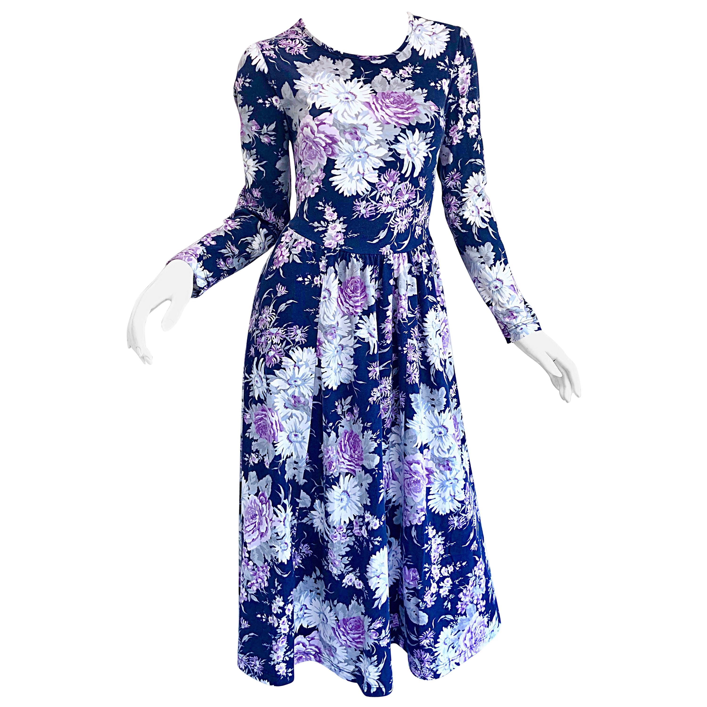 1990s Laura Ashley Navy Blue + Purple Long Sleeve Cotton Vintage 90s Midi Dress