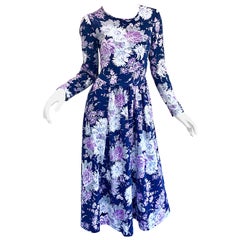 1990 Laura Ashley - Vestito midi in cotone vintage anni '90 a maniche lunghe blu navy e viola