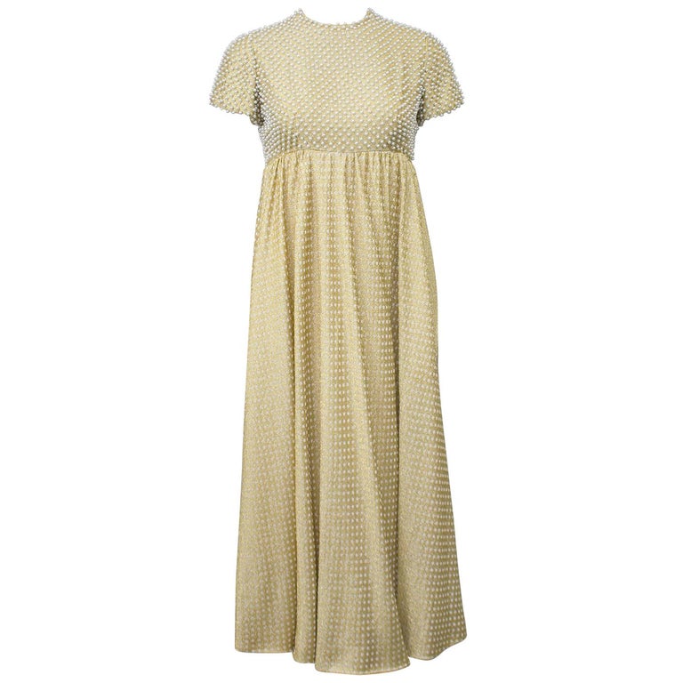 1970's Geoffrey Beene Gold Metallic Knit Dress W Pearls 1970's Geoffrey Beene Gold Metallic Knit Dress W Pearls