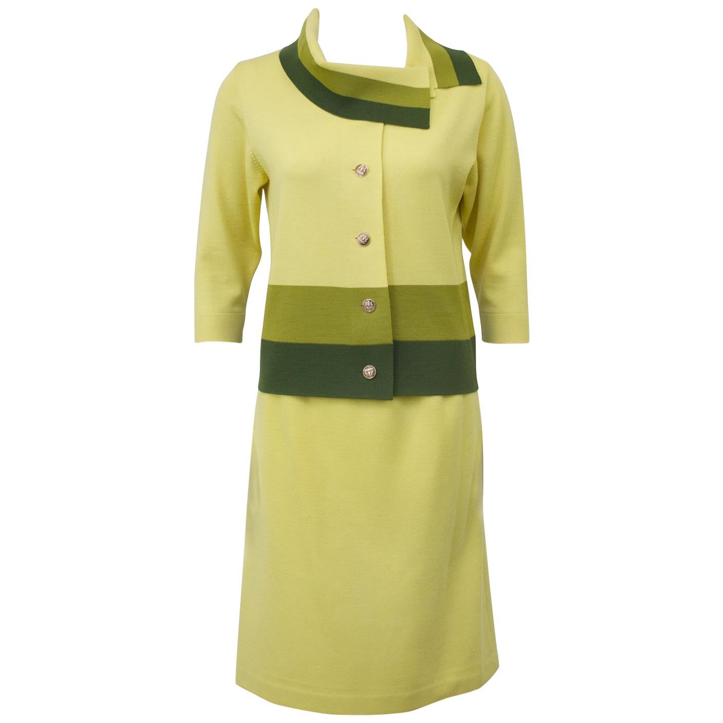 1960's Yellow and Green Italian Knit Color Block Skirt Suit
