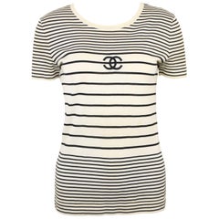 Chanel Cotton Black and White Stripe "CC" Short Sleeves Top