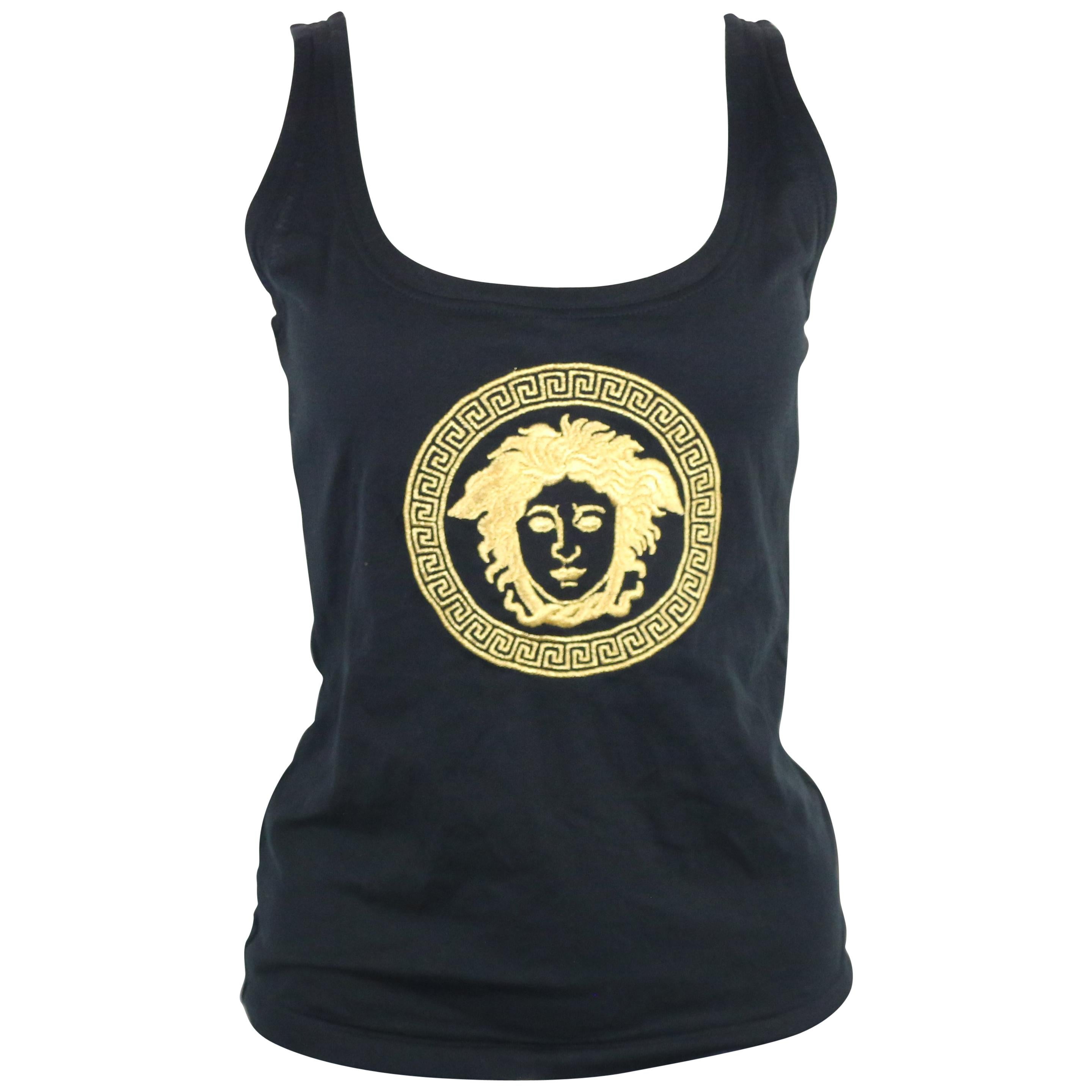 Gianni Versace Mare Embroidered Gold "Medusa" Black Tank Top  For Sale