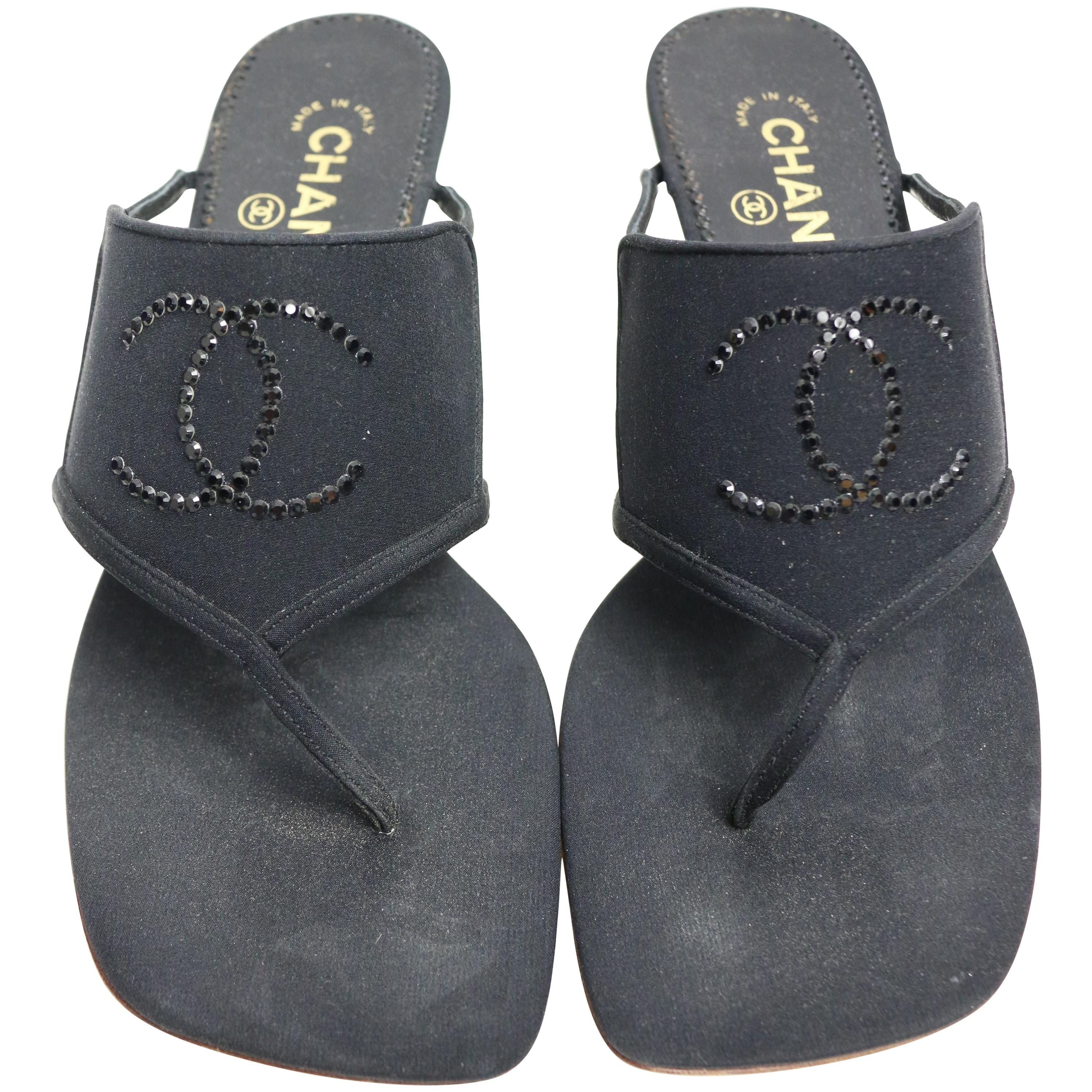 Chanel Black Silk with Black "CC" Rhinestones Sandals For Sale