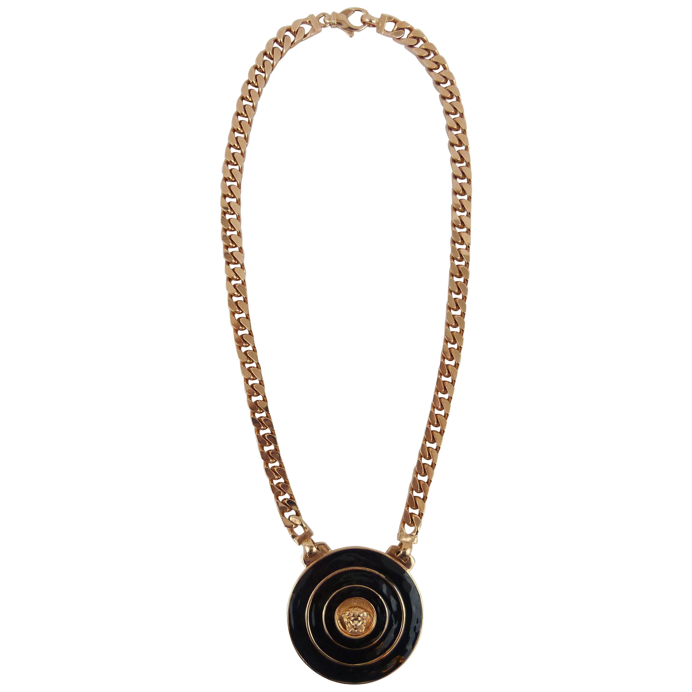 Gianni Versace rose gold and black enamel chain medallion necklace  