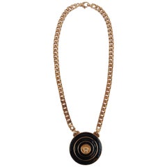 Used Gianni Versace rose gold and black enamel chain medallion necklace  