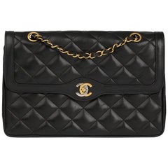1990s Chanel Black Quilted Lambskin Vintage Large Paris Limited Double Flap Bag