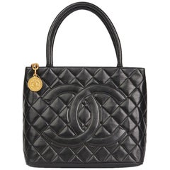 1990s Chanel Black Quilted Lambskin Vintage Medallion Tote