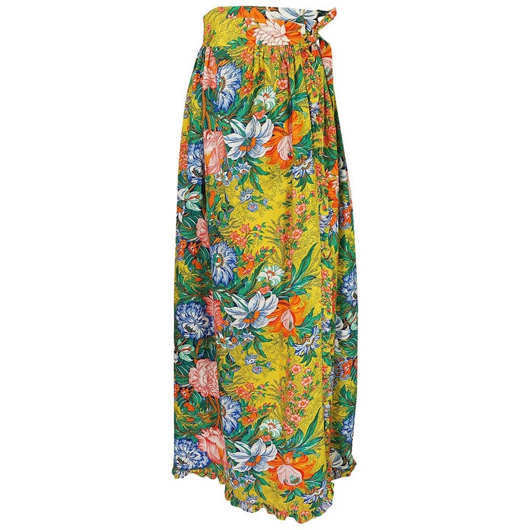 1970s Stephen Burrows Floral Cotton Print Wrap Maxi Skirt For Sale at ...