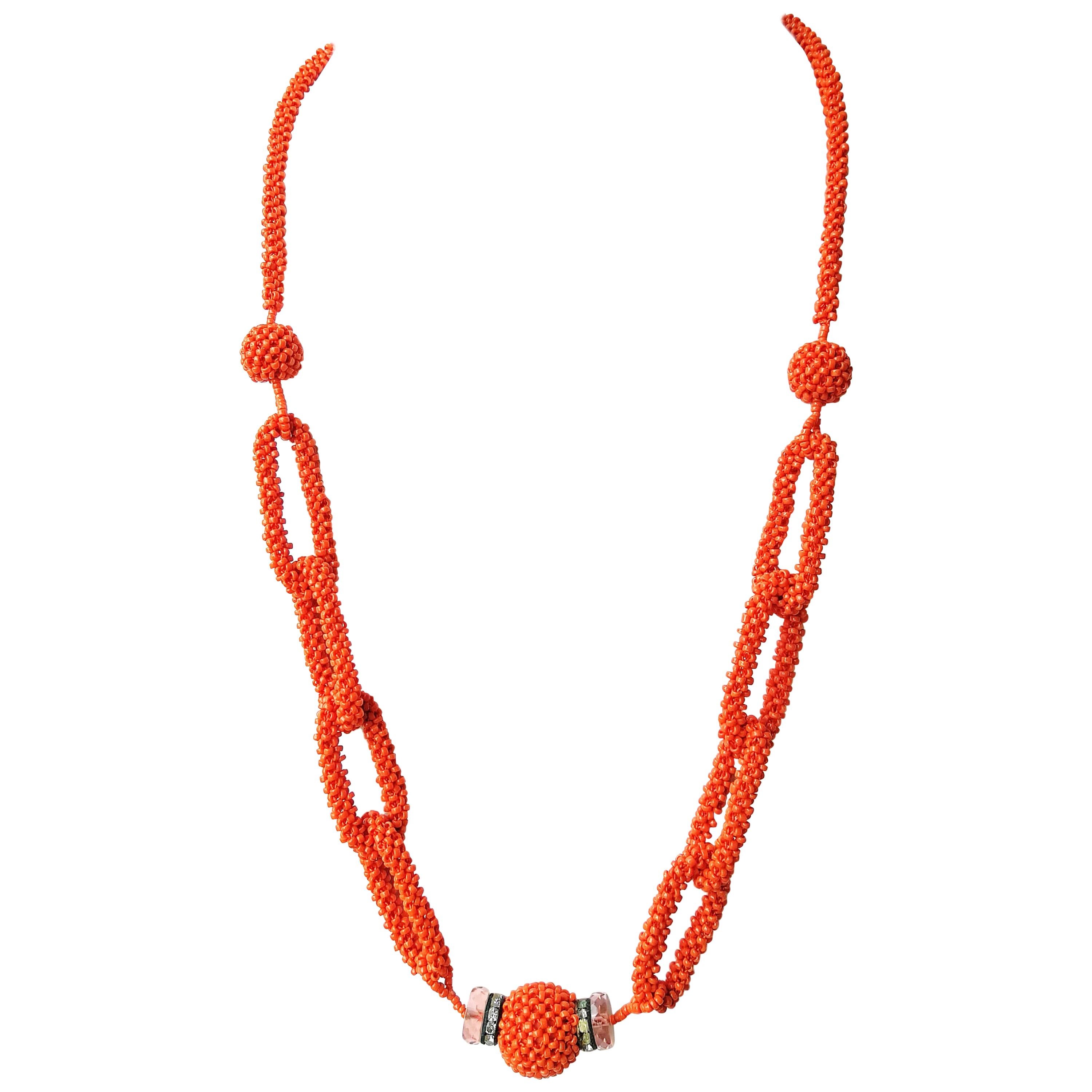  'Coral' glass bead, paste and faceted glass sautoir, French, 1920s. For Sale