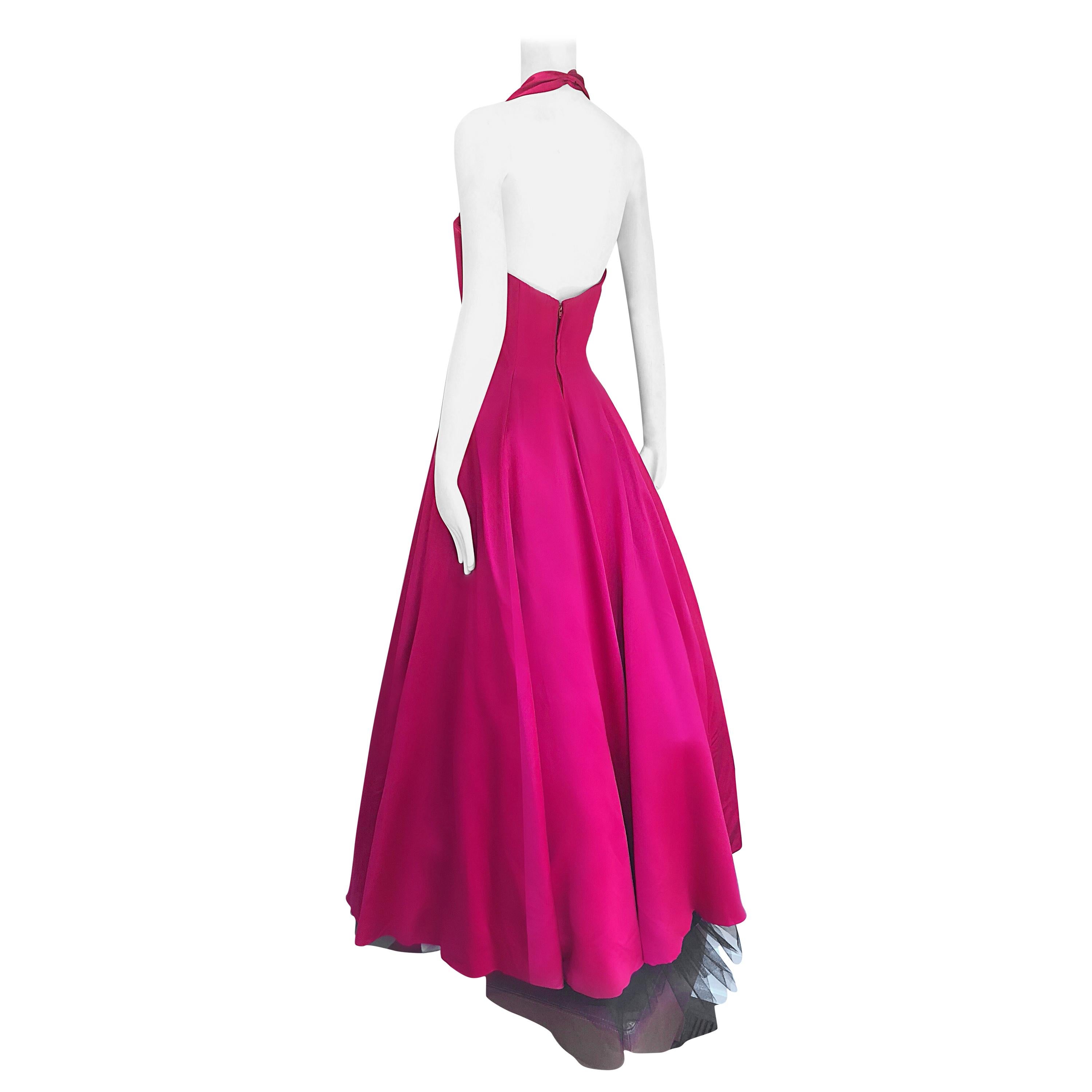 1980s Vicky Tiel Couture Vintage Raspberry Pink Silk Satin 80s Evening Gown 