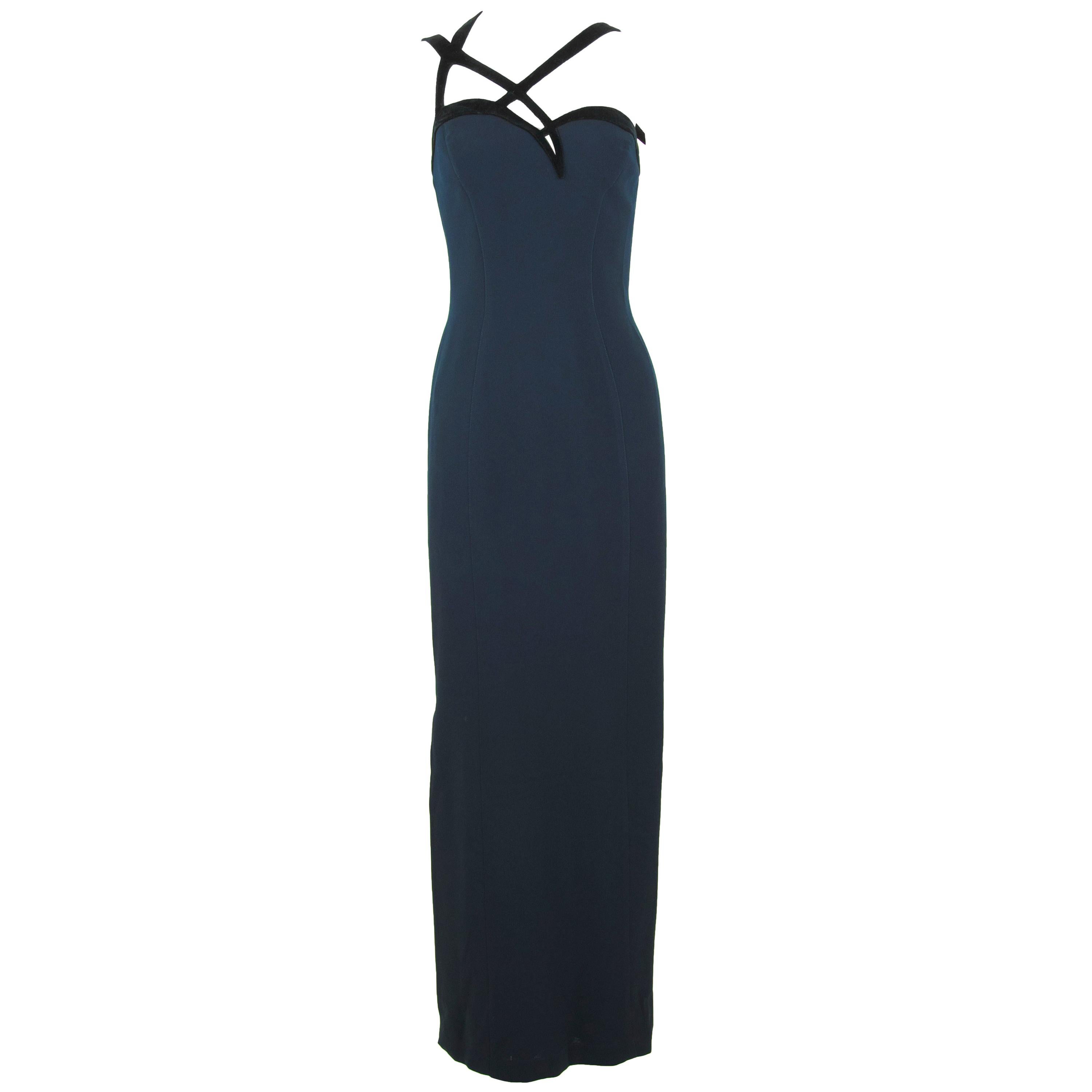 Thierry Mugler Navy Silk and Black Velvet Gown  For Sale