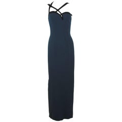 Thierry Mugler Navy Silk and Black Velvet Gown 