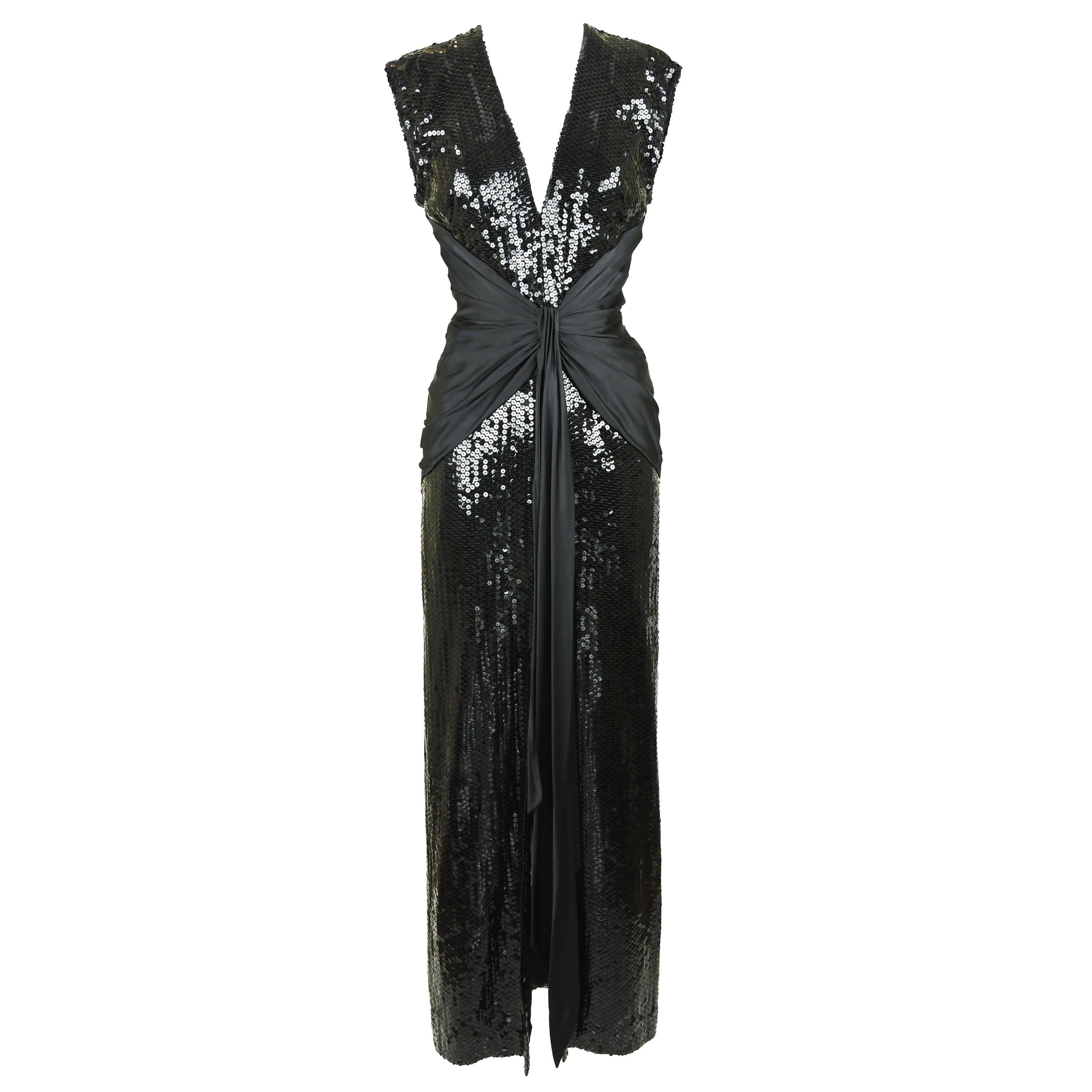 Vintage Azzaro Black Sequin Gown with Silk Sash - Size S For Sale
