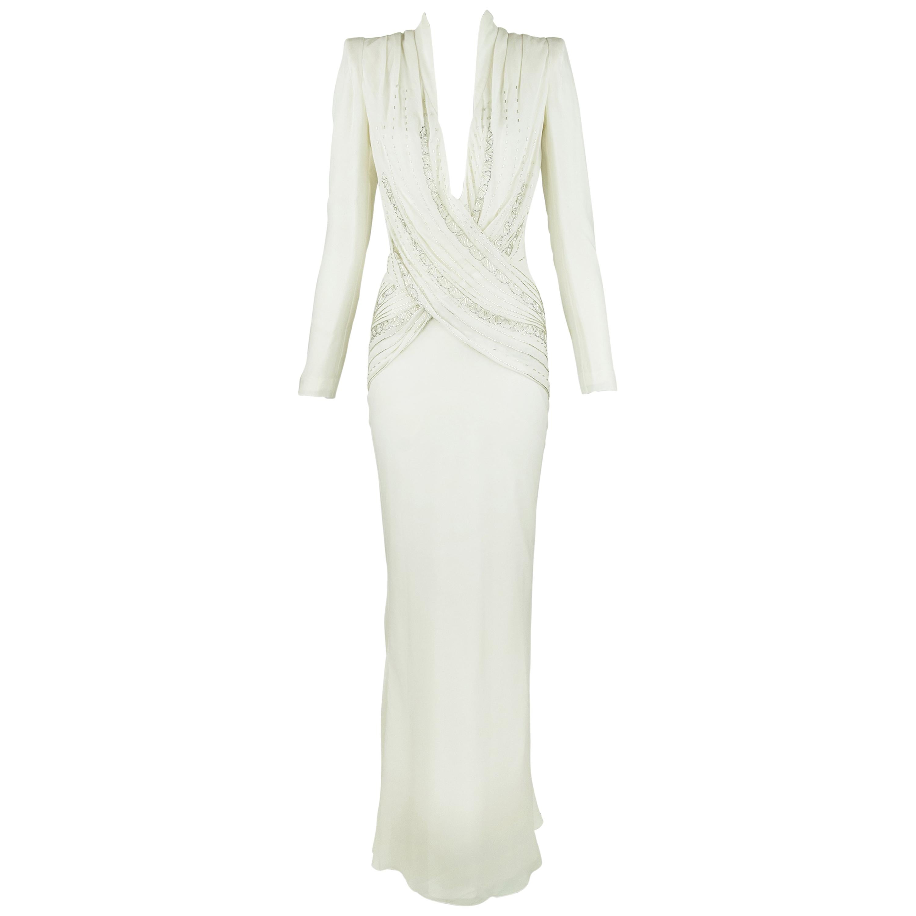 Christian Dior Vintage White Silk Beaded Gown  For Sale
