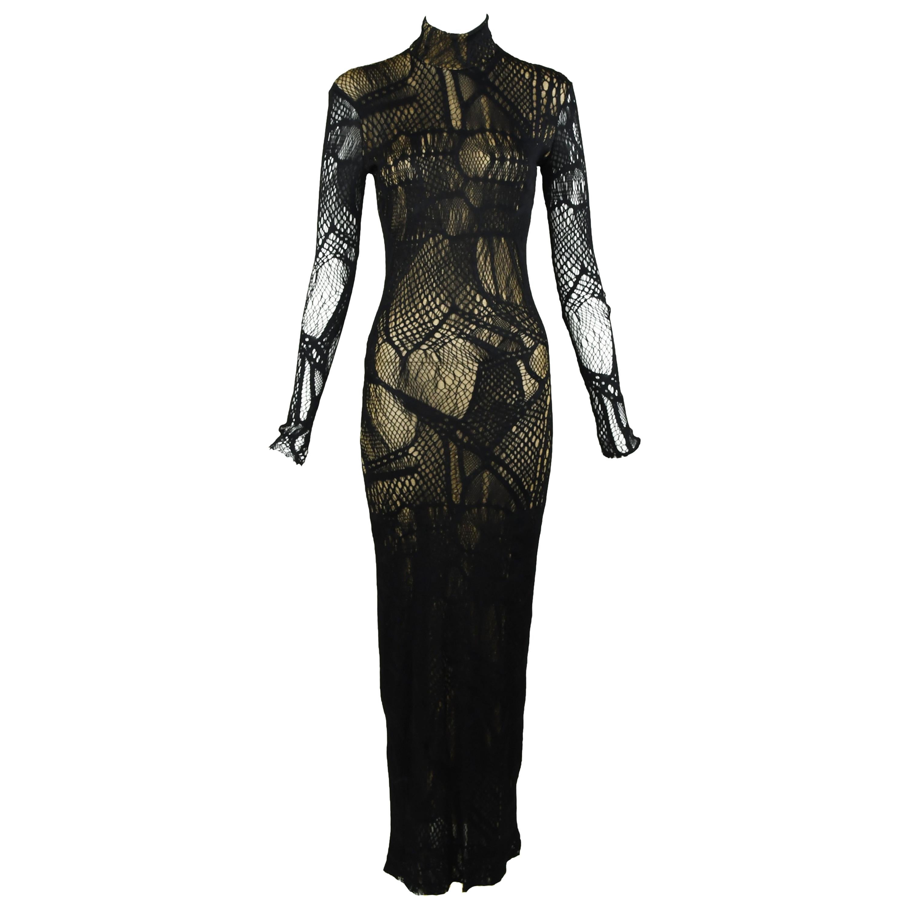 Christian Lacroix Vintage Black Mesh Gown with Gold Slip  For Sale