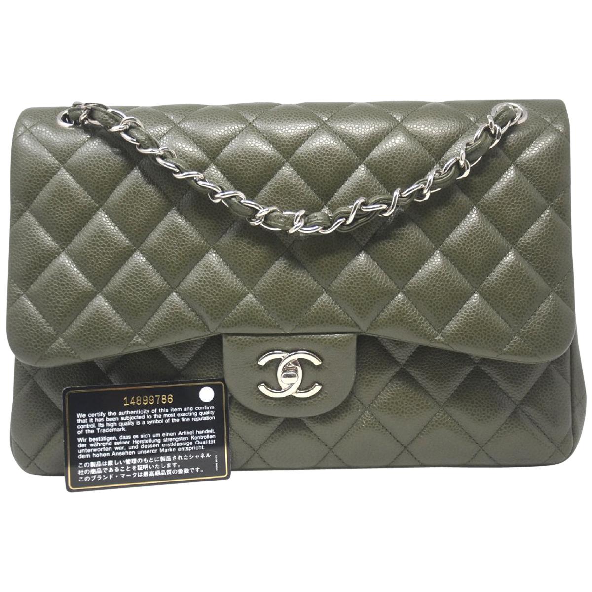 Chanel Olive Green Jumbo Double Flap Shoulder Bag With Card