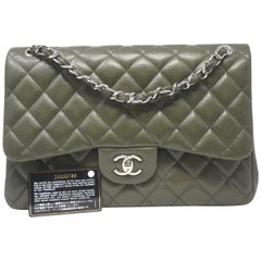  Chanel Olive Green Jumbo Double Flap Shoulder Bag With Card  