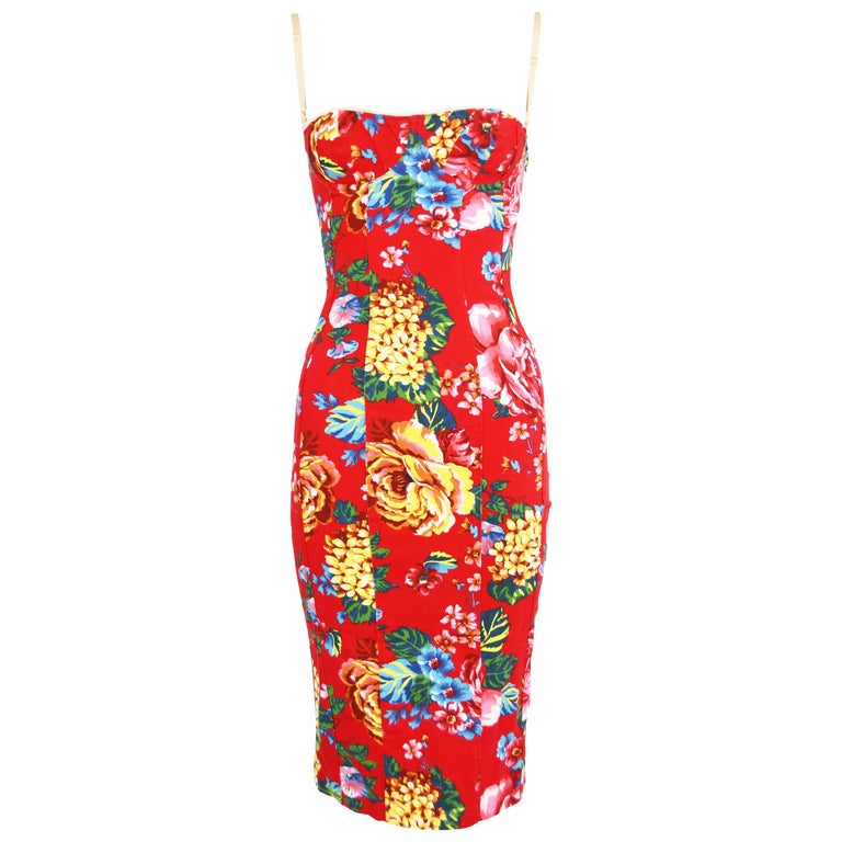 Dolce and Gabbana Vintage Red Floral Stretch Denim Dress For Sale at ...