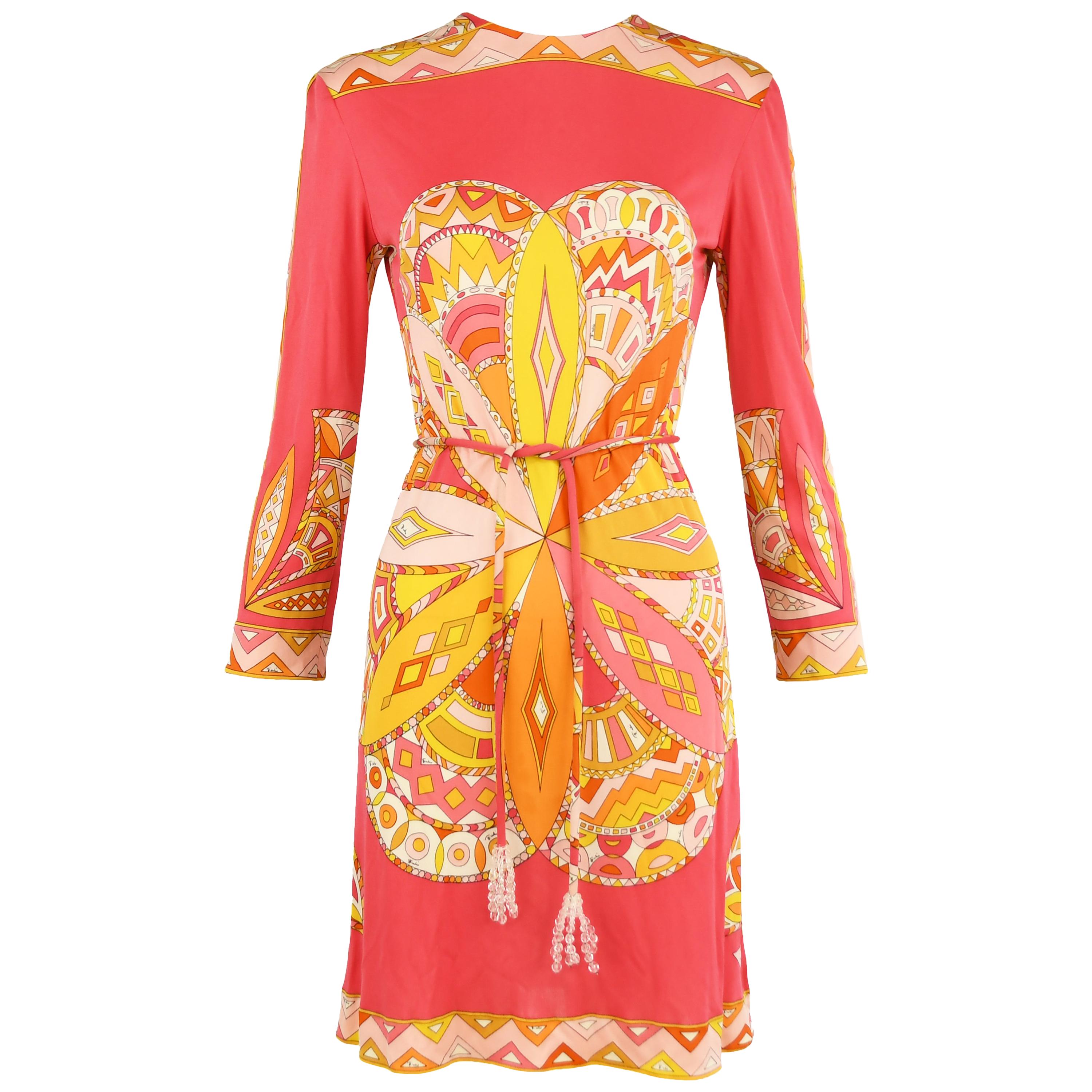 Pucci Coral Yellow Orange Vintage Silk Jersey Dress  For Sale